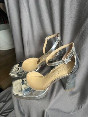 Jessica Simpson Metallic Silver Platform Block Heel Sandals